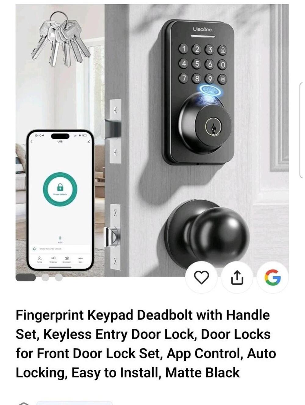 Keyless Entry Door Lock Built-in WiFi with Handle Set, Smart Lock with App Co...